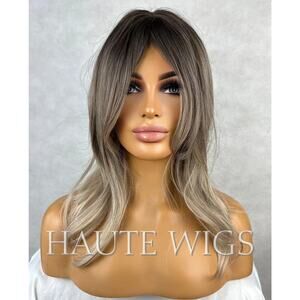 14 Inch Ash Blonde Brown Cool Toned Dirty Ombre Brown Wig With Fringe Bangs Cent